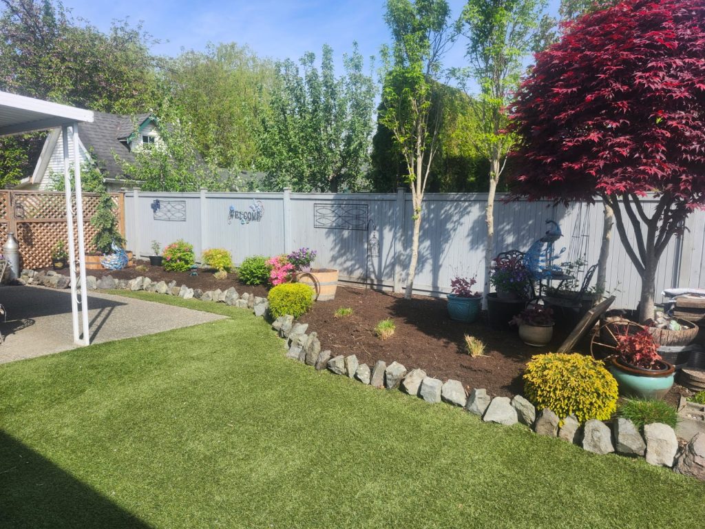 Sunny backyard garden with a light gray fence, colorful potted plants, a red maples tree on the right, and a grassy lawn.