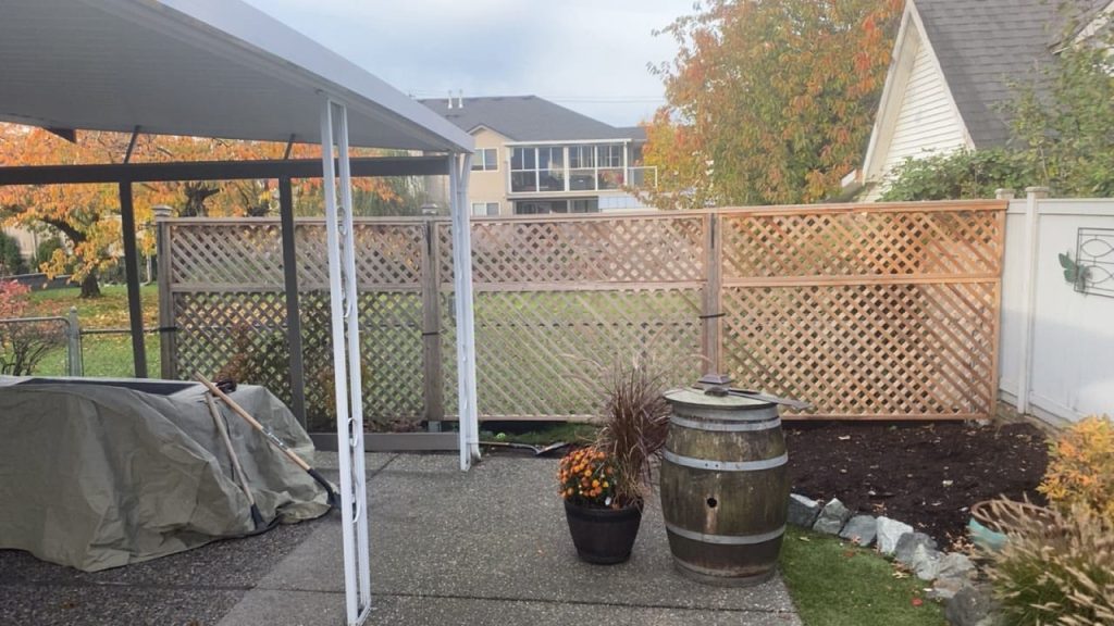 Backyard with a lattice wooden fence, covered patio, and a barrel planter on a concrete surface with blooming mums nearby in autumn colors