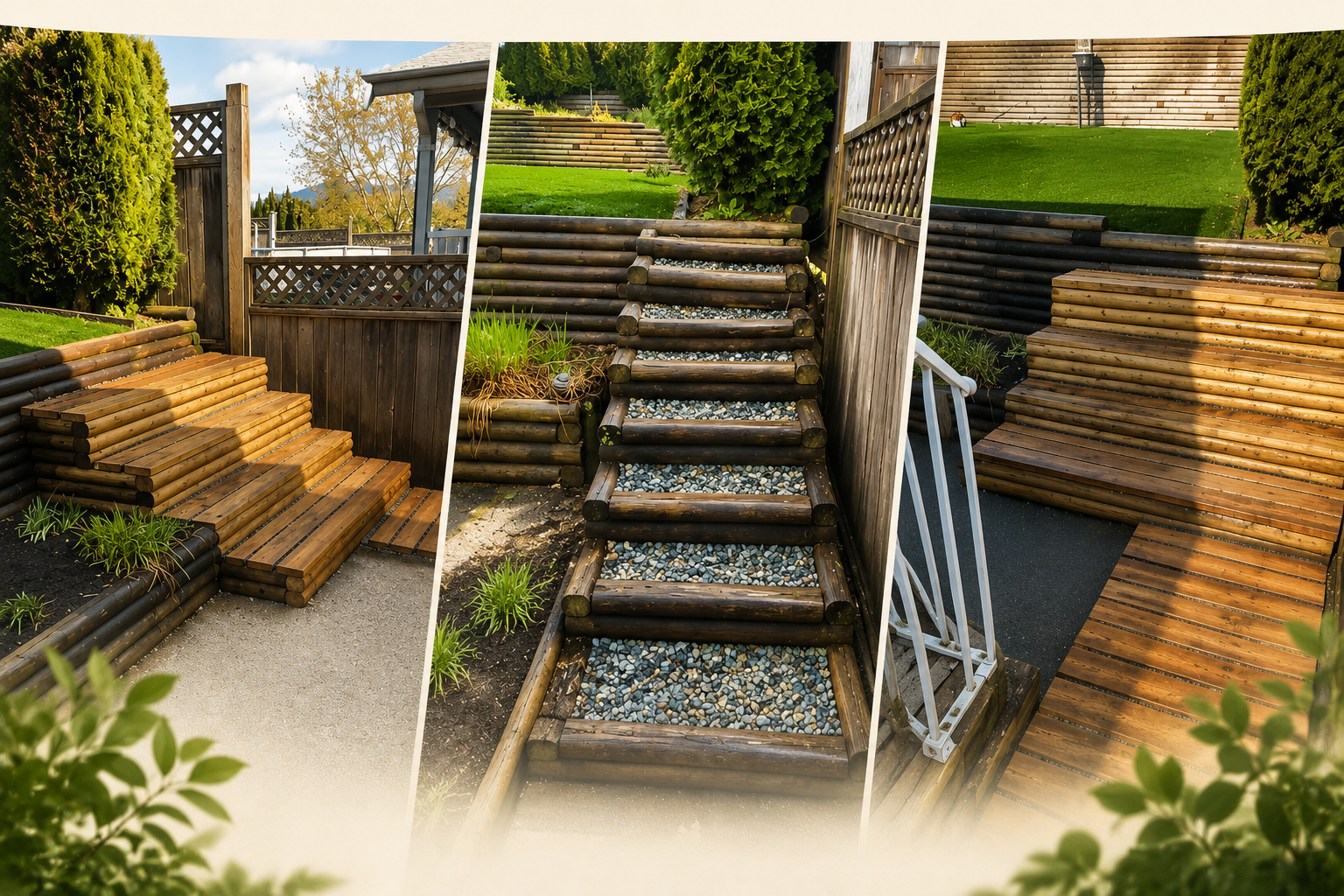 Backyard collage of rustic timber steps, gravel-filled stairs, and wooden seating walls with a lattice fence and green lawn in the background.
